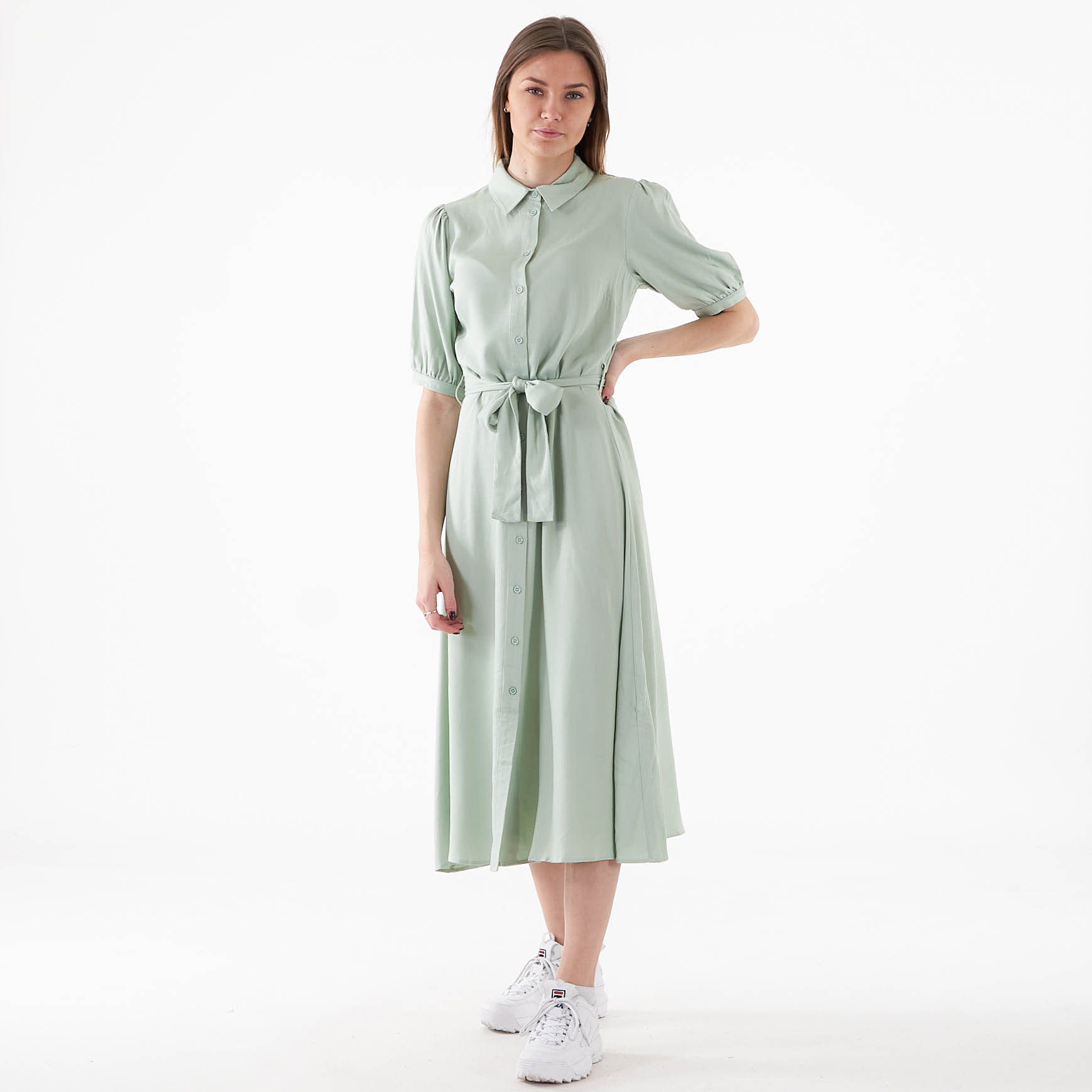 Billede af NA-KD - Puff sleeve belted midi dress - Kjoler til hende - Grøn - 40