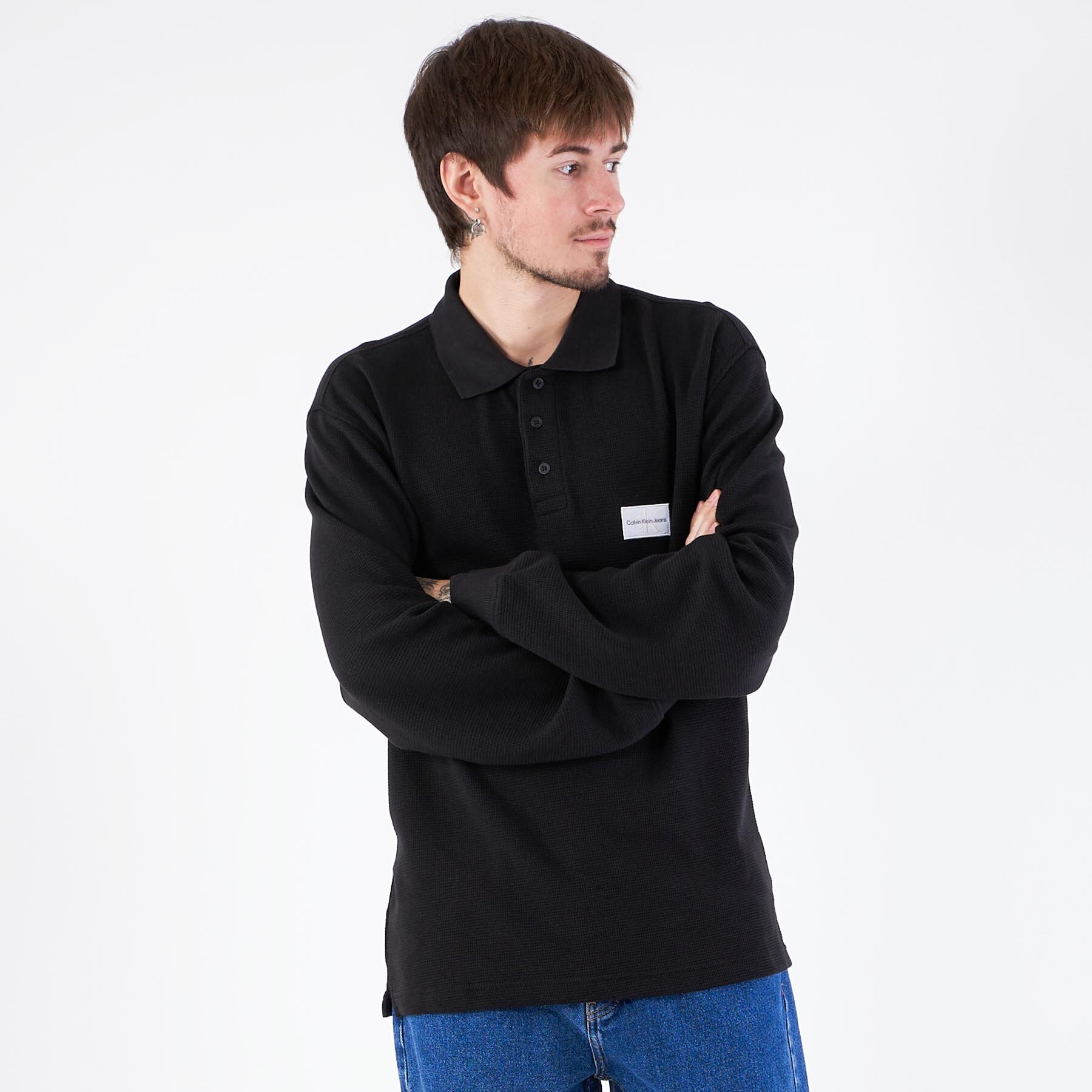 Calvin Klein - Waffle ls polo - T-shirts til mænd - Sort - XL