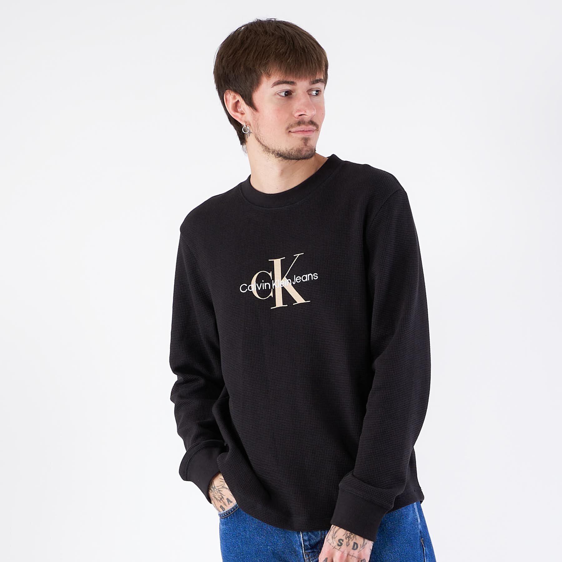 Calvin Klein - Waffle ls tee - T-shirts til mænd - Sort - XL